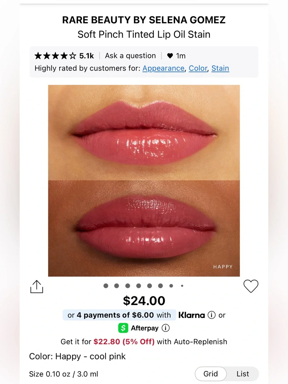 Rare Beauty Lip Oil Stain Shade Happy